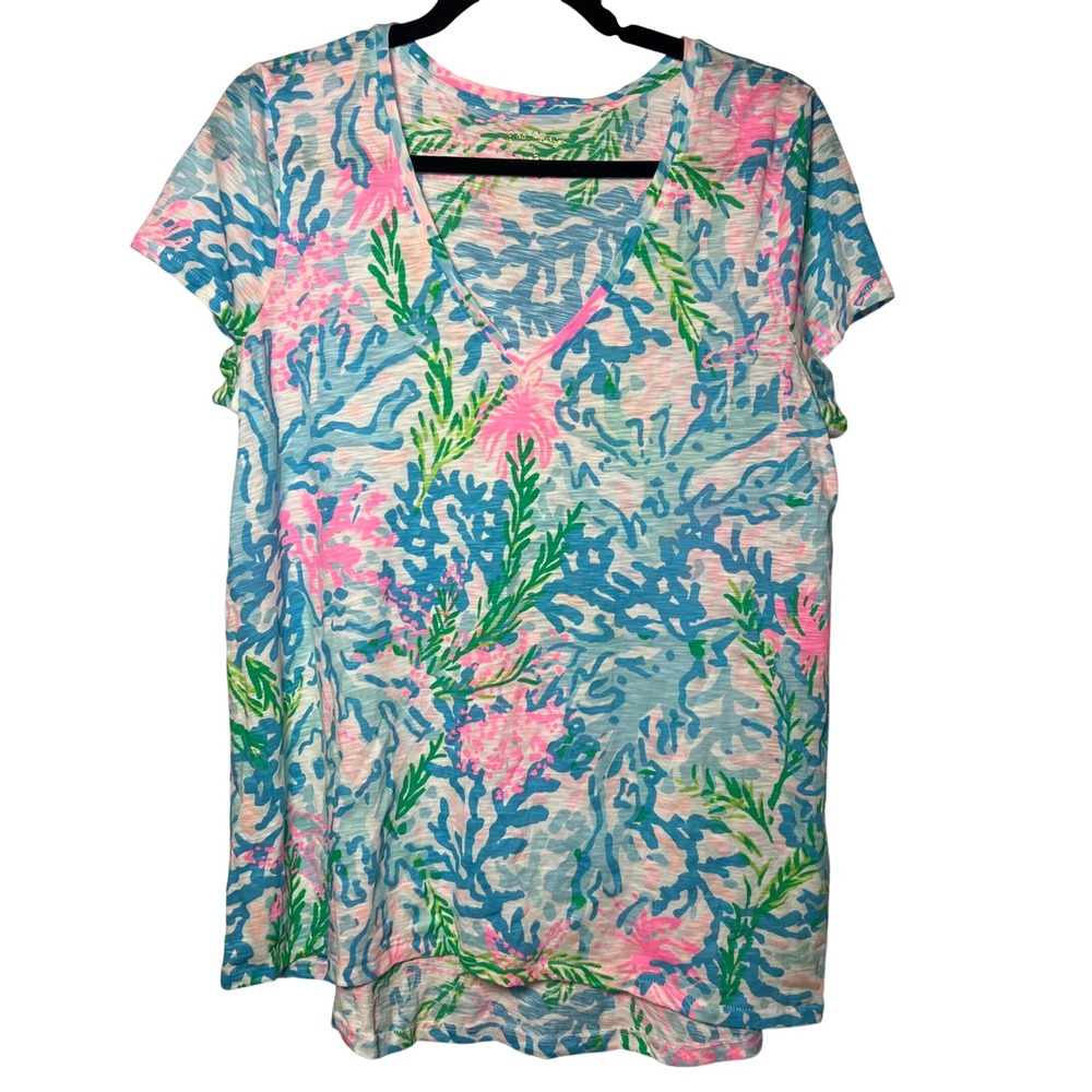 Lilly Pulitzer Etta V-Neck Top Blue Pink Coral Print Slub Tee Large Costal Beach